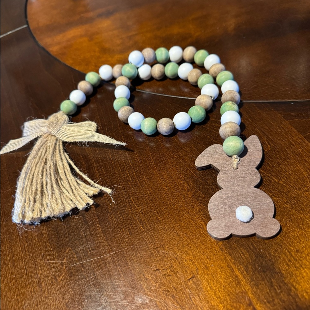 Wooden Bead Bunny Garland - Green, Brown, White. 31” length